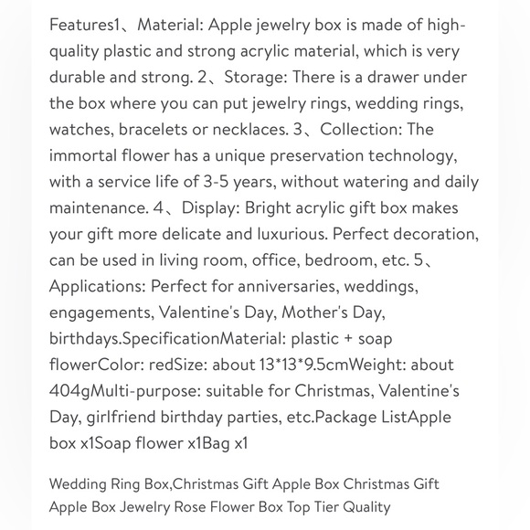 BNIB ACRYLIC APPLE HEART SHAPE PRESERVED RED ROSE RING/JEWELRY PRESENT GIFT BOX - Picture 12 of 16